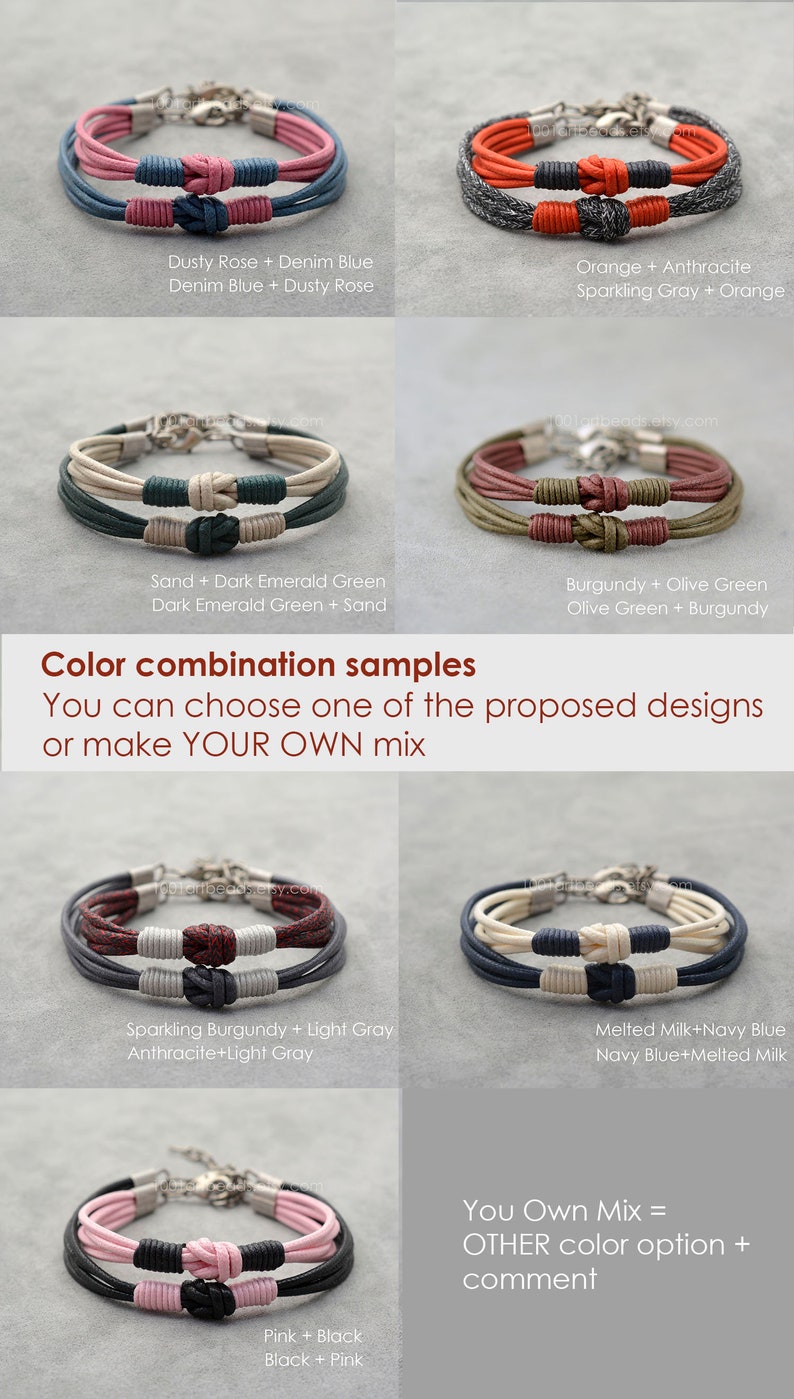 May include: A collage of images showing different color combinations of leather bracelets. The bracelets are made of two strands of leather, tied together with a knot. The colors shown include dusty rose, denim blue, orange, anthracite, sparkling gray, sand, dark emerald green, burgundy, olive green, sparkling burgundy, light gray, melted milk, navy blue, pink, and black. The text "Color combination samples" is displayed at the top of the collage. The text "You can choose one of the proposed designs or make YOUR OWN mix" is displayed below the collage. The text "You Own Mix = OTHER color option + comment" is displayed at the bottom of the collage.