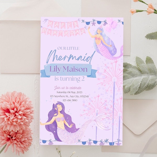 Editable Under the Sea Mermaid Purple | mermaid birthday invitation | mermaid themed invitation | mermaid invitation | diy invitation