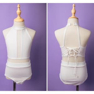 Contemporary dance costume for dancer two piece custom dance costume handmade girls dance leotard for girls dance wear white custom costume