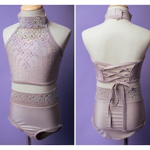 Ready to ship dance costume for dancer lyrical champagne rhinestone two piece competition dance solo contemporary leotard cream child XLarge