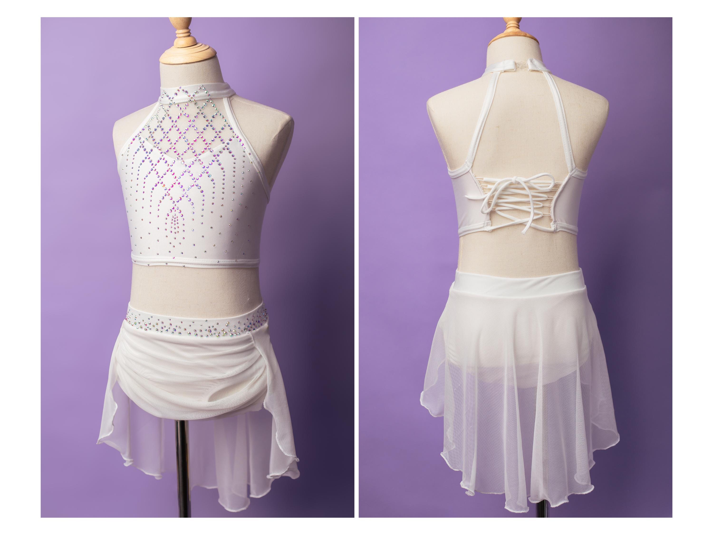 Dance costume for dancer lyrical cream rhinestone two piece ready to ship competition dance solo contemporary leotard cream child xlarge