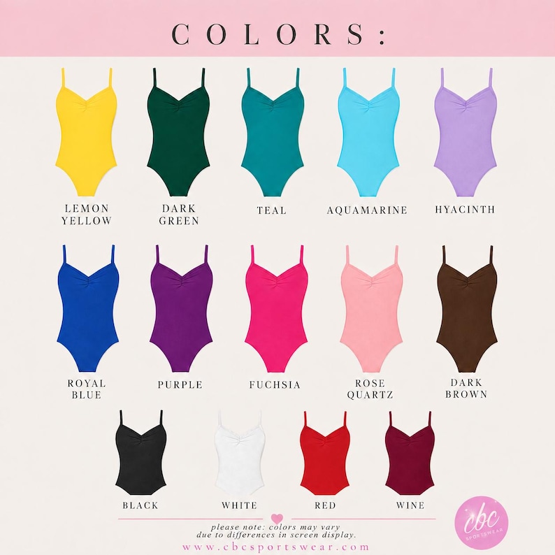 May include: A collection of fourteen leotards with spaghetti straps and a sweetheart neckline, displayed in a grid with color labels: Lemon Yellow, Dark Green, Teal, Aquamarine, Hyacinth, Royal Blue, Purple, Fuchsia, Rose Quartz, Dark Brown, Black, White, Red, and Wine.