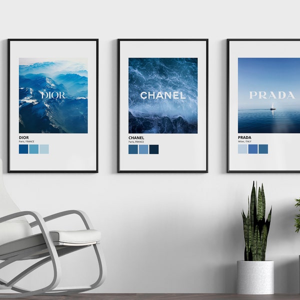 Fashion Posters Set of 3, Brand Poster, Fashion Wall Art Set of 3, Luxury Fashion Posters, Fashion Photography Prints, Blue Color Poster Set