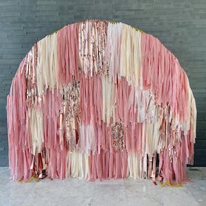May include: A large, semi-circular backdrop featuring alternating vertical strips of pink, cream, and metallic rose gold fringe. The backdrop is supported by a gold-colored frame, creating a decorative and festive display.