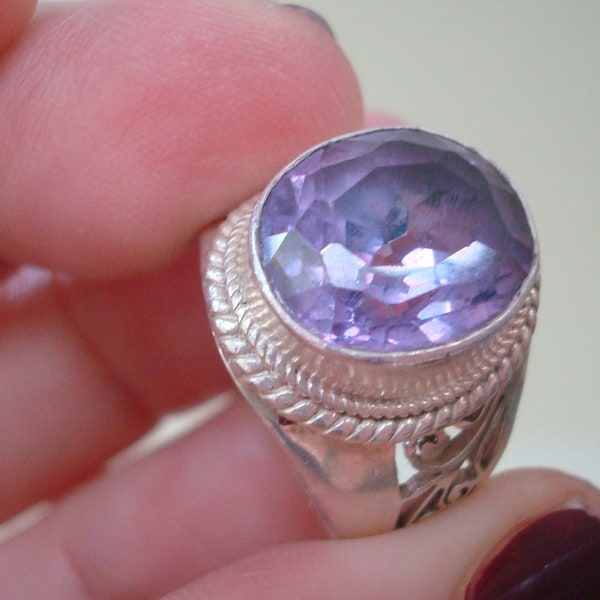 Genuine Quartz Simulated Alexandrite and Sterling Filigree Ring Color Changing