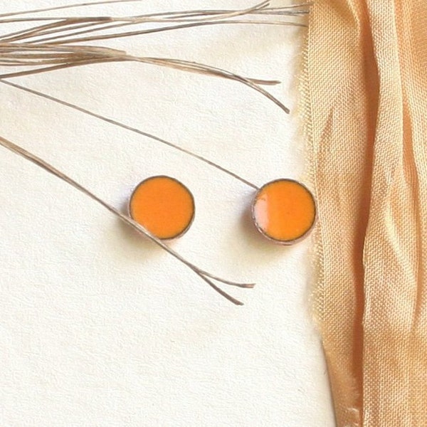 Vibrant Orange Earrings - Small Tangerine Copper Enamel Earrings with sterling silver stud