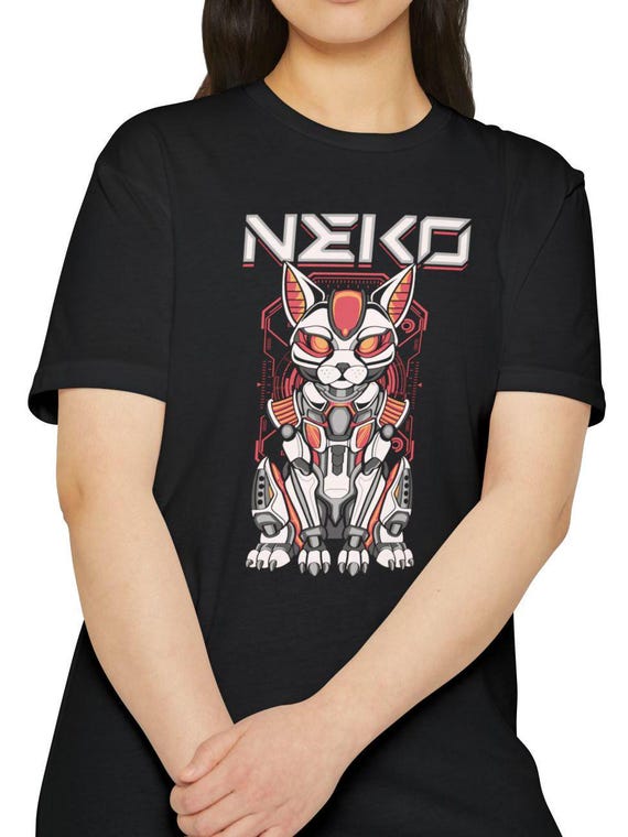 Robotic Neko Cat T-Shirt, Anime Kawaii Tee, Cute Graphic Shirt, Cyber Cat Lover Gift, Mecha Kitty Top, Robot Pet Clothing
