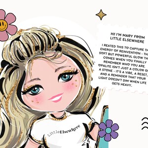 May include: A digital illustration of a character with blonde hair and blue eyes wearing a white t-shirt with the text LittleElsewhere. The image includes a pink flower icon, a purple flower icon, and a white note with text starting with HI! I'M MARY FROM LITTLE ELSEWHERE.