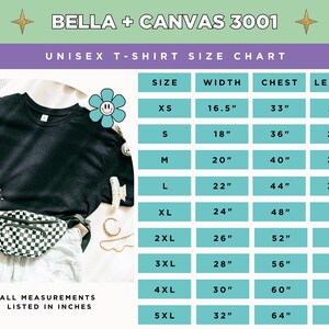 May include: A Bella + Canvas 3001 unisex t-shirt size chart featuring a black t-shirt, a checkered fanny pack, and accessories. The chart displays sizes XS through 5XL with corresponding width, chest, and length measurements in inches.