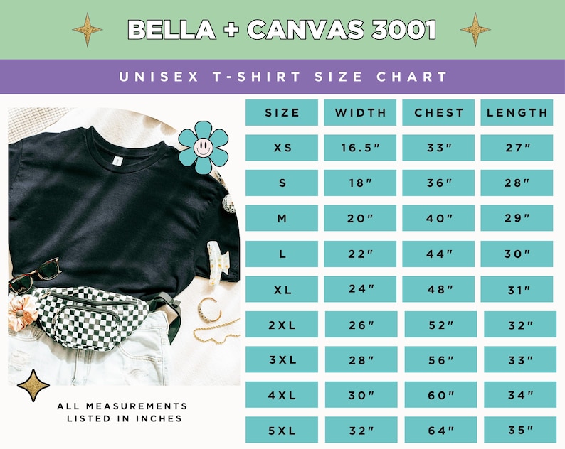 May include: A Bella + Canvas 3001 unisex t-shirt size chart featuring a black t-shirt, a checkered fanny pack, and accessories. The chart displays sizes XS through 5XL with corresponding width, chest, and length measurements in inches.