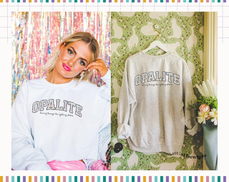 May include: A light grey crewneck sweatshirt featuring the word OPALITE in a dark, textured collegiate font across the chest, with the smaller text dancing through the lightning strikes printed directly underneath the main lettering.