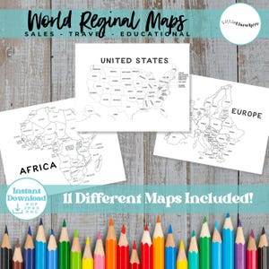Puede incluir: Una colección de mapas de contorno en blanco y negro imprimibles que muestran los Estados Unidos, África y Europa con países y estados etiquetados. El conjunto incluye 11 mapas diferentes disponibles para descarga instantánea en PDF, JPEG y PNG.