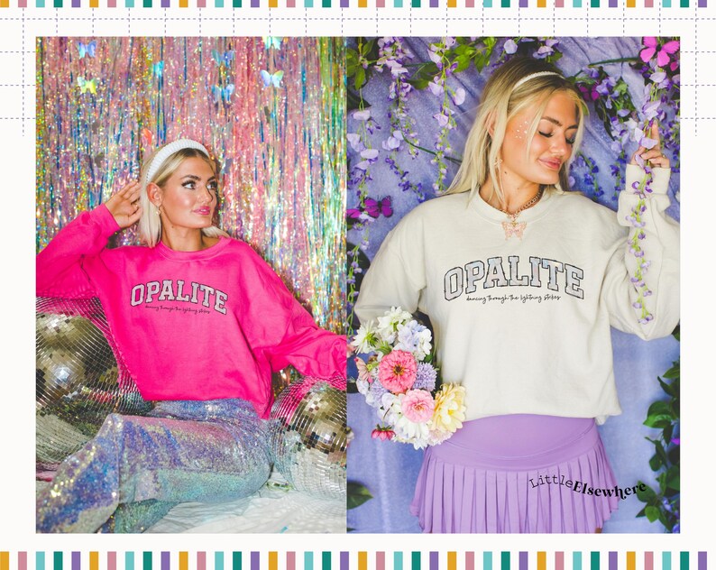 May include: A bright pink long-sleeve sweatshirt with the text OPALITE and dancing through the lightning strikes printed on the front, paired with iridescent sequin trousers, and a cream long-sleeve sweatshirt with the same text and a purple skirt.