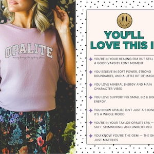 May include: A light purple t-shirt with the word OPALITE in a white varsity font and the text dancing through the lightning strikes underneath. To the right, a white box with black dots contains the text YOU'LL LOVE THIS IF and seven bullet points.