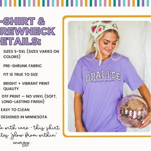 May include: A lavender short-sleeved t-shirt with the word OPALITE printed in a white varsity-style font on the chest. The image includes text detailing product features such as sizes S-5XL, pre-shrunk fabric, and DTF print quality.