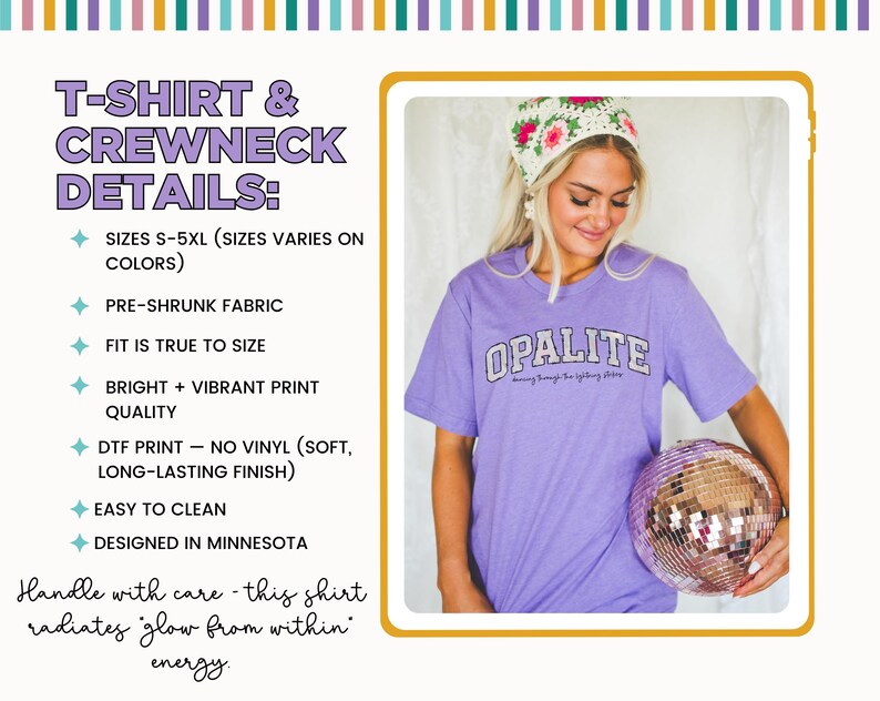 May include: A lavender short-sleeved t-shirt with the word OPALITE printed in a white varsity-style font on the chest. The image includes text detailing product features such as sizes S-5XL, pre-shrunk fabric, and DTF print quality.