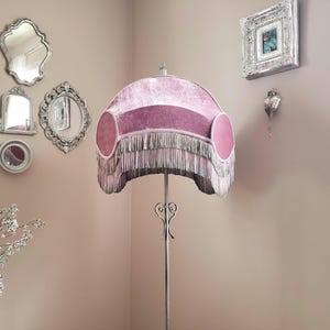 Large Dusty Pink Lampshade in Velvet with Double Ombre Fringe, for Floor Lamp.