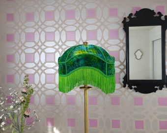 Green Velvet Floor Lampshade with Silky Kelly Green Fringe