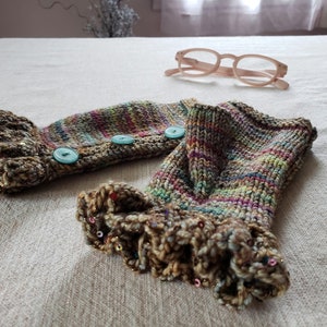 Fancy Handknit Fingerless Gloves.  Fine Merino Wool with Buttons and Little Sequins.