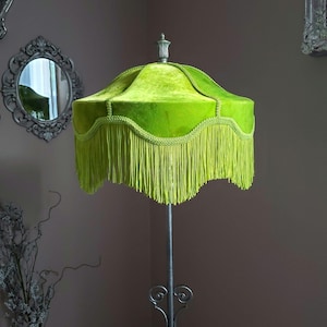 Fringed Lampshade in Lime Green Velvet, for Table Lamp