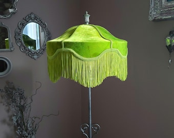 Fringed Lampshade in Lime Green Velvet, for Table Lamp