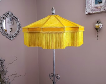 Yellow Velvet Handmade Lampshade with Silky Ombre Fringe