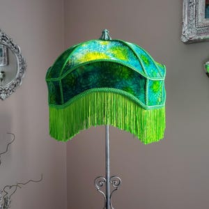Fringed Lamp Shade in Green Velvet, for Floor Lamps.