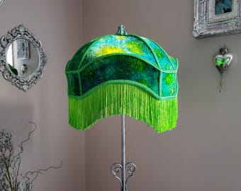 Fringed Lamp Shade in Green Velvet, for Floor Lamps.