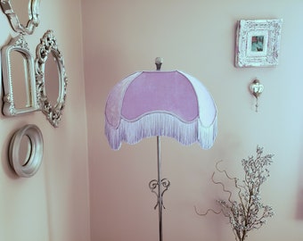 Large Pale Lavender Velvet Handmade Floor Lampshade with Subtle Ombre Fringe.