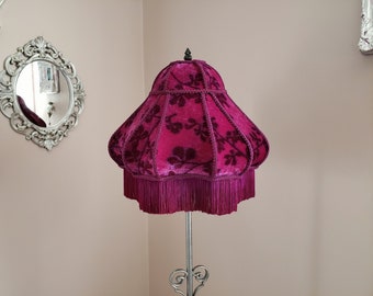 Dark Amethyst Velvet Fringed Lampshade with Leaf Pattern