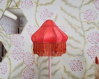Crimson Red Silk Mini Turban Lampshade with Fringe and Beads