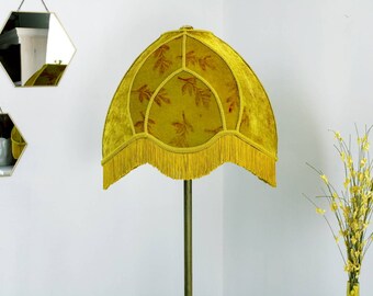 Extra Large Yellow Gold Velvet Handmade Floor Lampshade with Silky Double Fringe.