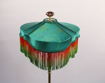 Teal Silk Lampshade with Ombre Fringe