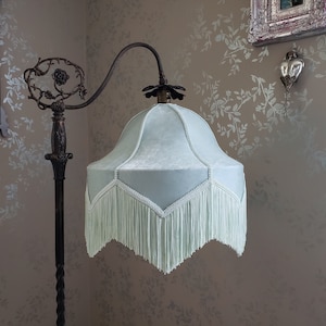 Large Fringed Lampshade in Pale Mint Velvet, for Bridge Lamps