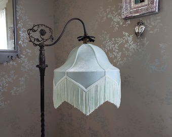 Large Velvet Lampshade in Pale Mint with Silky Fringe.