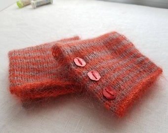 Orange Red Striped Silk Mohair Fingerless Gloves.