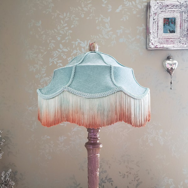 Handmade Seafoam and Coral Lampshade with Ombre Fringe.