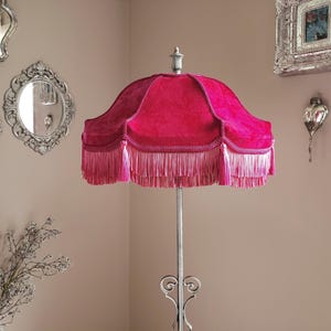 Velvet Lampshade in Raspberry Pink with Double Fringe and Tassels