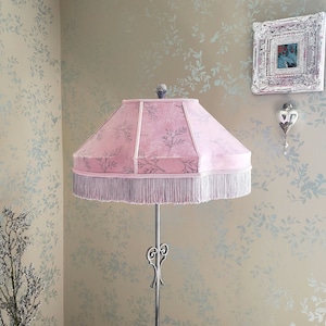 Extra Large Pink and Gray Velvet Handmade Floor Lampshade with Silky Double Fringe.