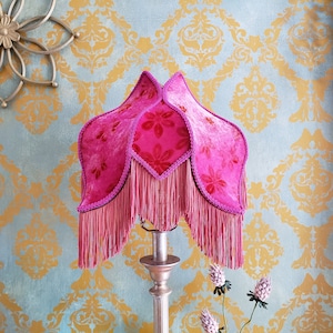 Pink Lampshade in Velvet with Fringe, for Table Lamp.