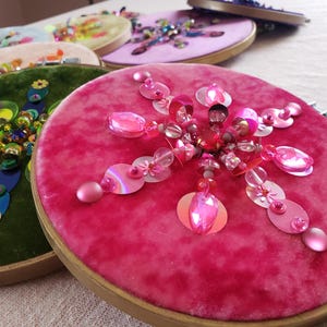 Beaded Embroidery Art on Pink Velvet.