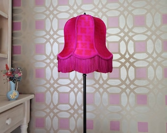 Handmade Silk Fucshia and Red Dotted Lampshade with Fucshia Fringe. Mid-Century Inspired.