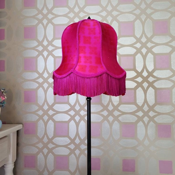 Handmade Silk Fucshia and Red Dotted Lampshade with Fucshia Fringe. Mid-Century Inspired.