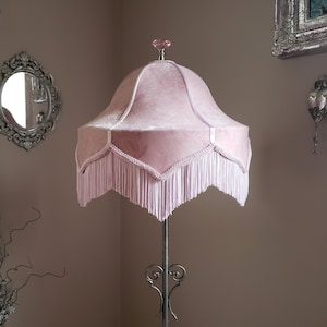 Large Powder Pink Velvet Fringed Lampshade