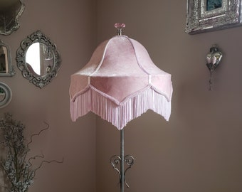 Large Powder Pink Velvet Fringed Lampshade