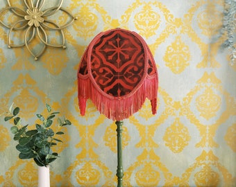 Paprika and Moss Green Velvet Lampshade with Ombre Fringe.