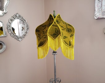 Chartreuse and Green Velvet Handmade Lampshade with Fringe.