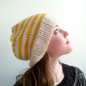 Handknit Hat in Alpaca and Wool. Yellow and Cream Stripes.