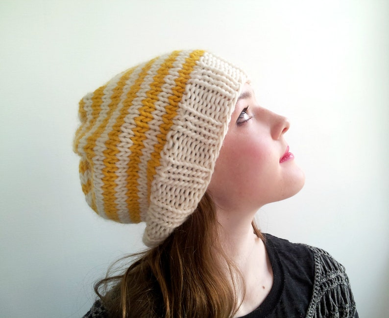 Handknit Hat in Alpaca and Wool. Yellow and Cream Stripes. image 1