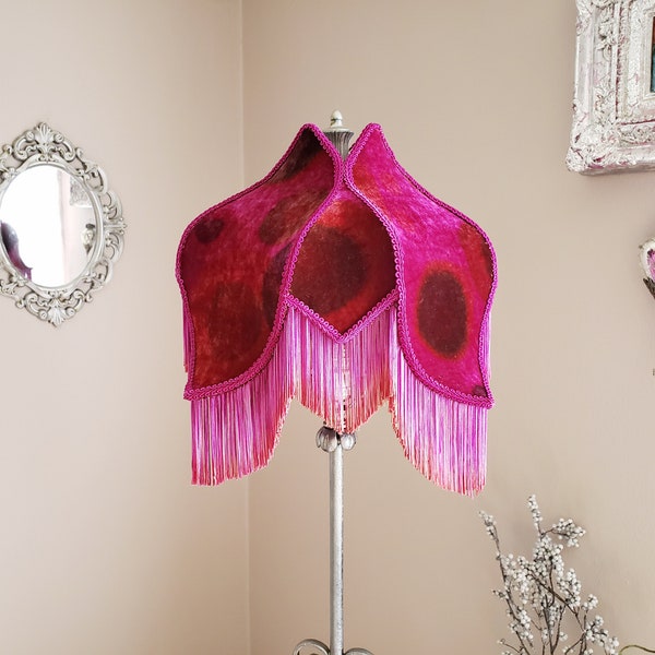 Pink and Red Velvet Circles Handmade Lampshade with Silky Fringe.